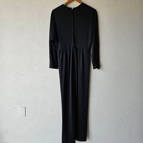 Vintage 70s 80s Black Polyester Disco Jumpsuit M Open Leg High Slit V-neck - Picture 6 of 8